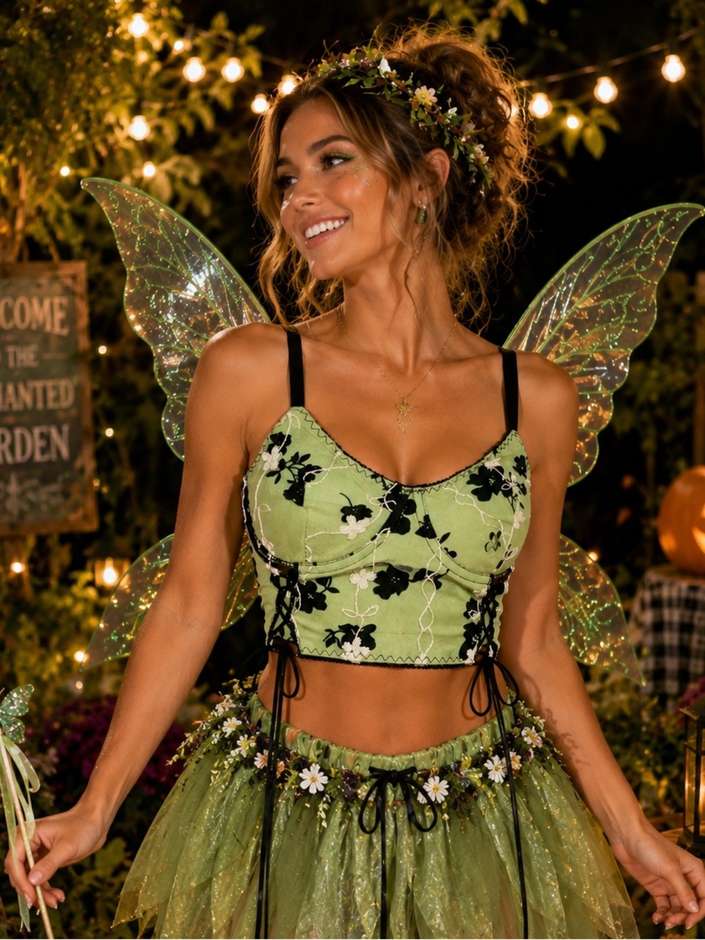 Sexy Green Floral Embroidered Corset Bustier Crop Top Lace Up Small Fairy